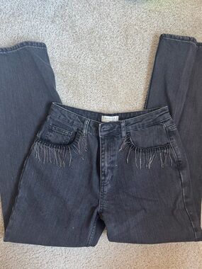 Black straight leg jeans with beaded fringe